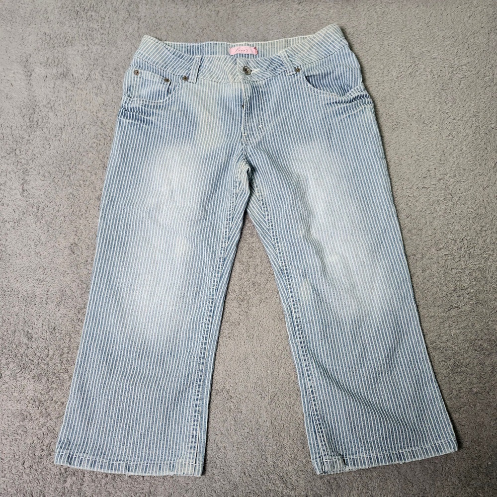 Levis Girls 16 Hickory Stripe Cropped Jeans Blue White Wide Leg Stretch Vintage
